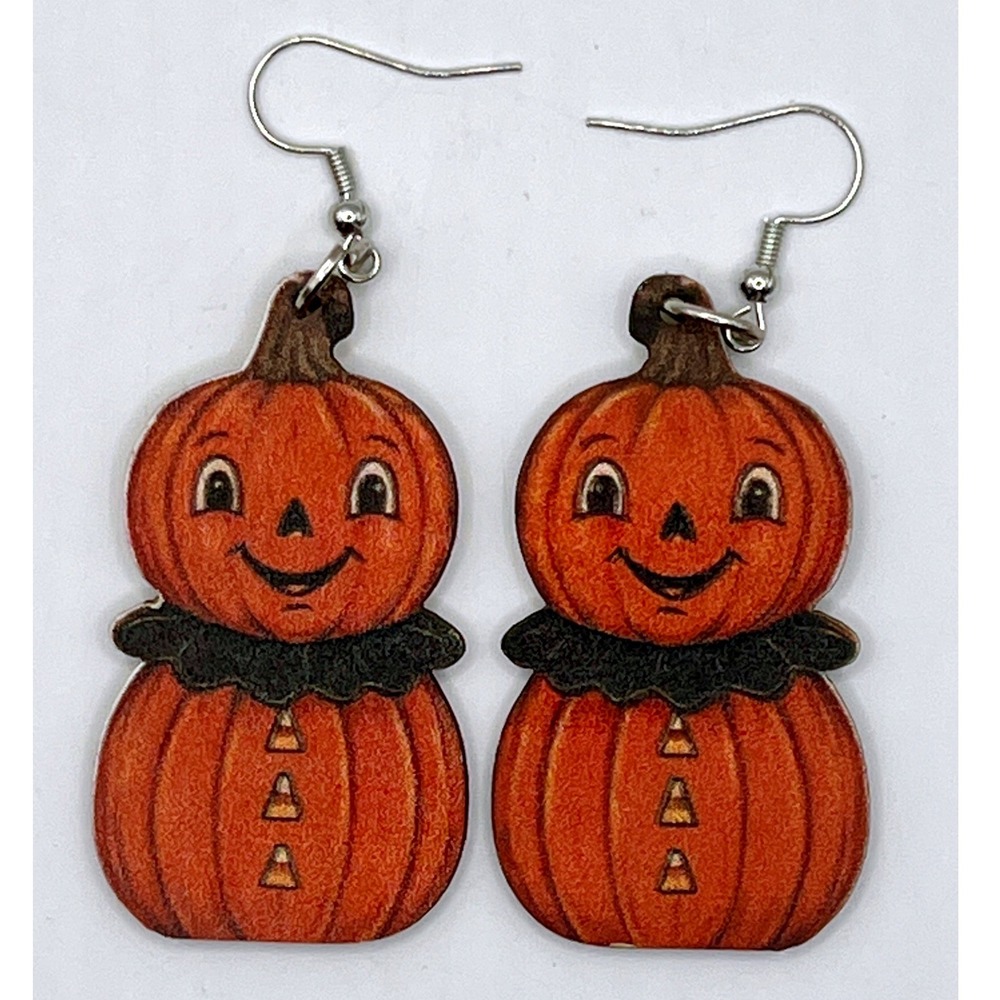 Unbranded Pumpkin Drop Earrings OS Orange New Vintage Retro Halloween Wood